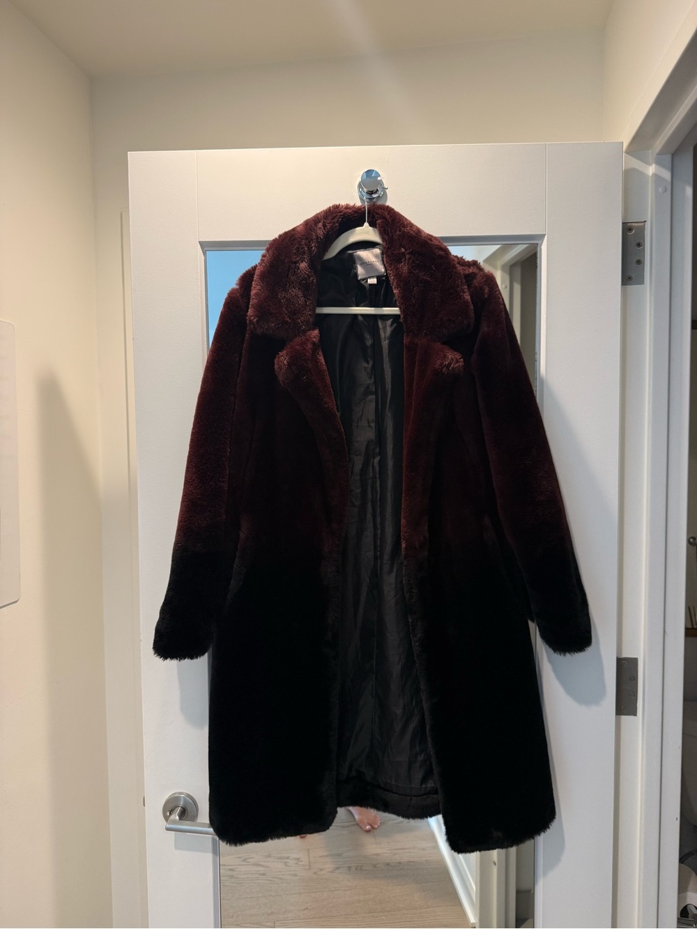 Plush Ombre Faux Fur Coat in Burgundy and Black